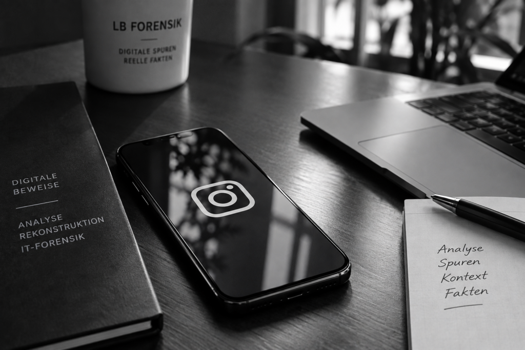 Smartphone mit Instagram-App bei einer IT-forensischen Untersuchung von digitalen Spuren