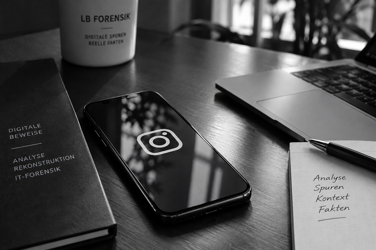 Smartphone mit Instagram-App bei einer IT-forensischen Untersuchung von digitalen Spuren